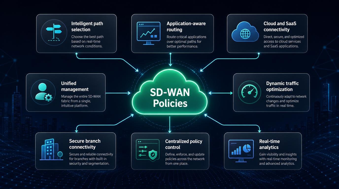 SD-WAN architecture diagram showing centralized, application-aware network management