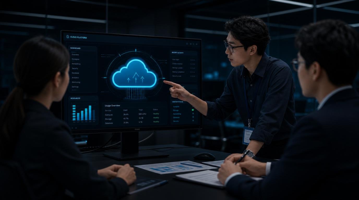 Cloud strategy and consulting - team reviewing a cloud platform dashboard